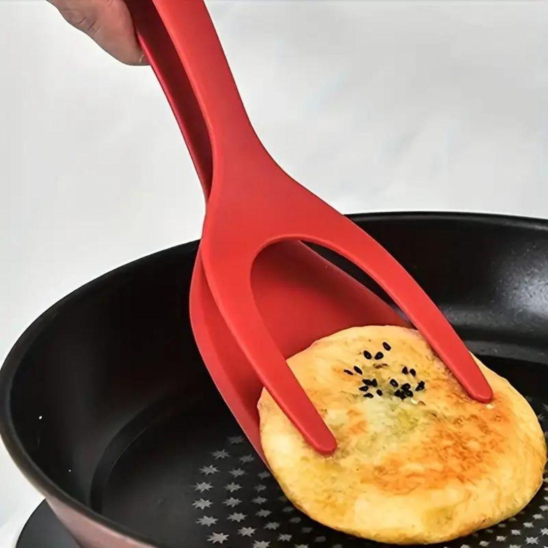 2-in-1 spatula: Tongs for eggs, meat, pancakes, vegetables.