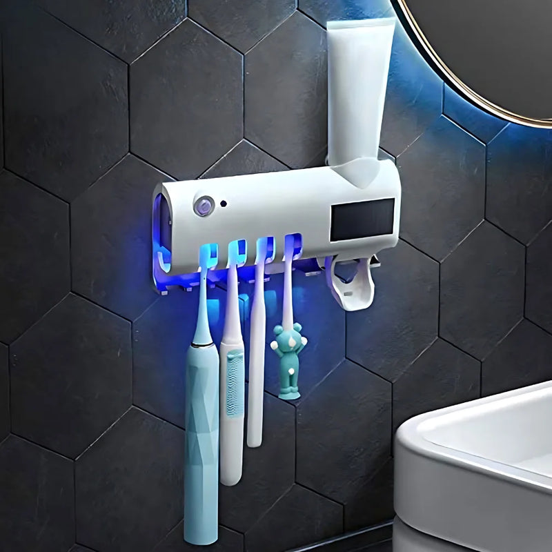 Suporte Dispenser para Escova e Pasta de Dentes com Esterilizador Luz UV Antibacteriano Automático