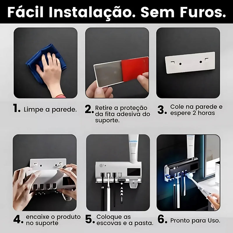 Suporte Dispenser para Escova e Pasta de Dentes com Esterilizador Luz UV Antibacteriano Automático